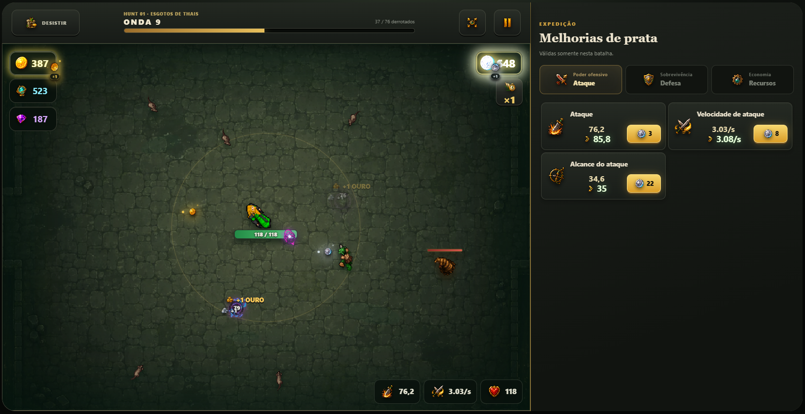 Browser combat: your hero attacks automatically while you decide how to invest the expedition's silver.